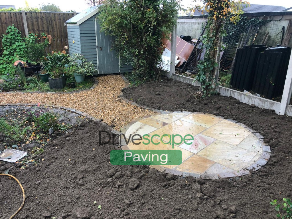 Indian Sandstone Patio with Cobbled Border in Loughlinstown, Dublin