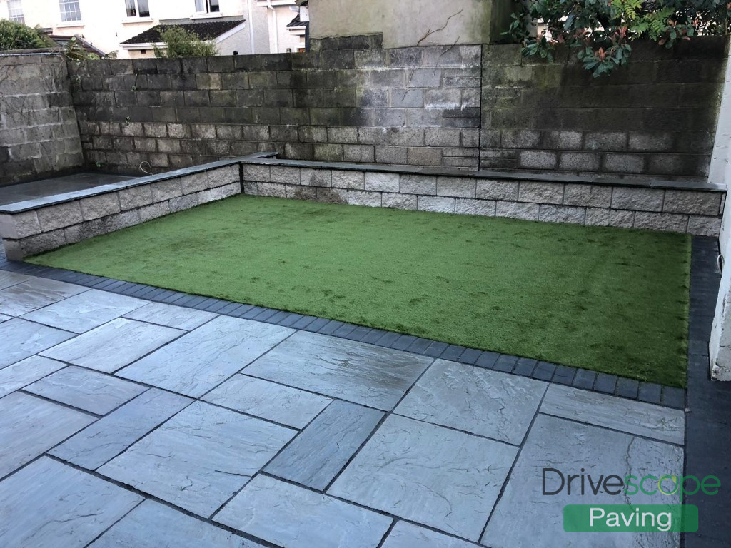 Kendal Grey Limestone Patio with Artificial Grass in Carpenterstown, Dublin