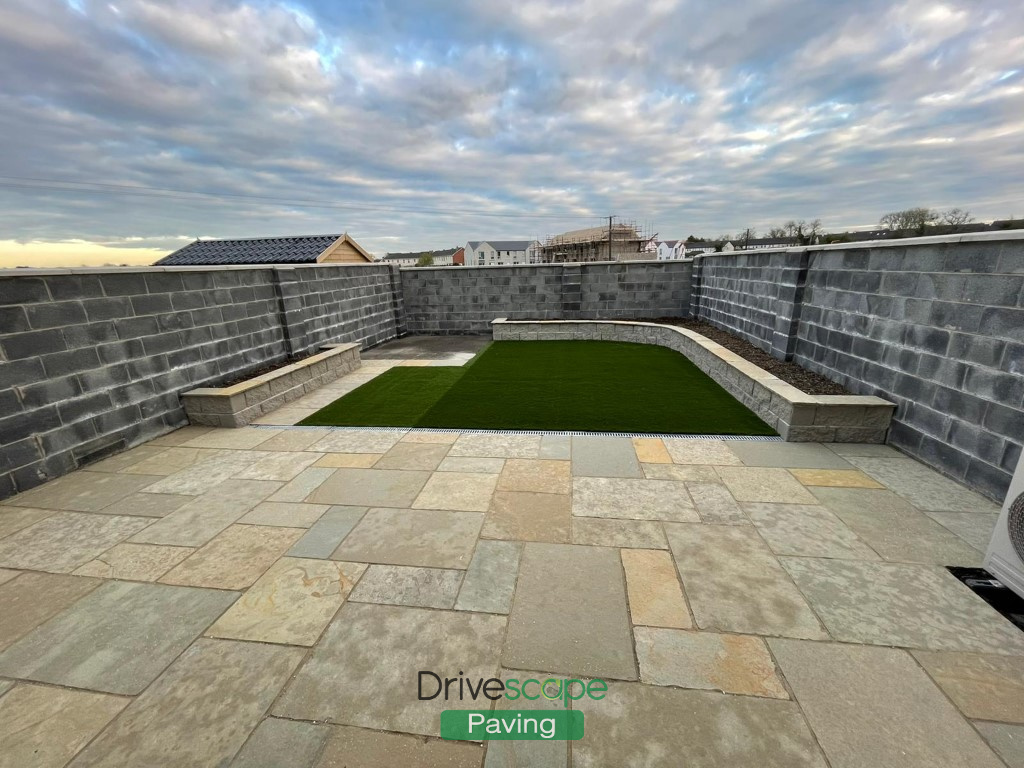 Limestone Slabbed Patio with Raised Flower Beds in Dunshaughlin, Co. Meath