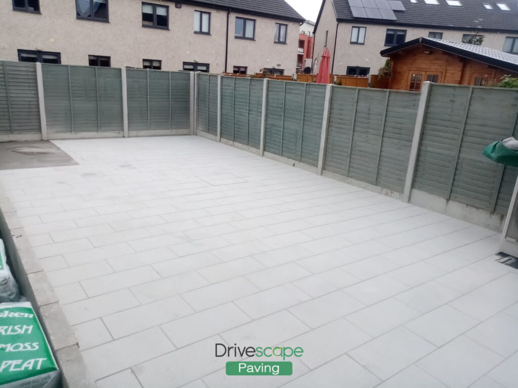 Silver Granite Patio with New Shed Base in Hansfield Wood, Dublin