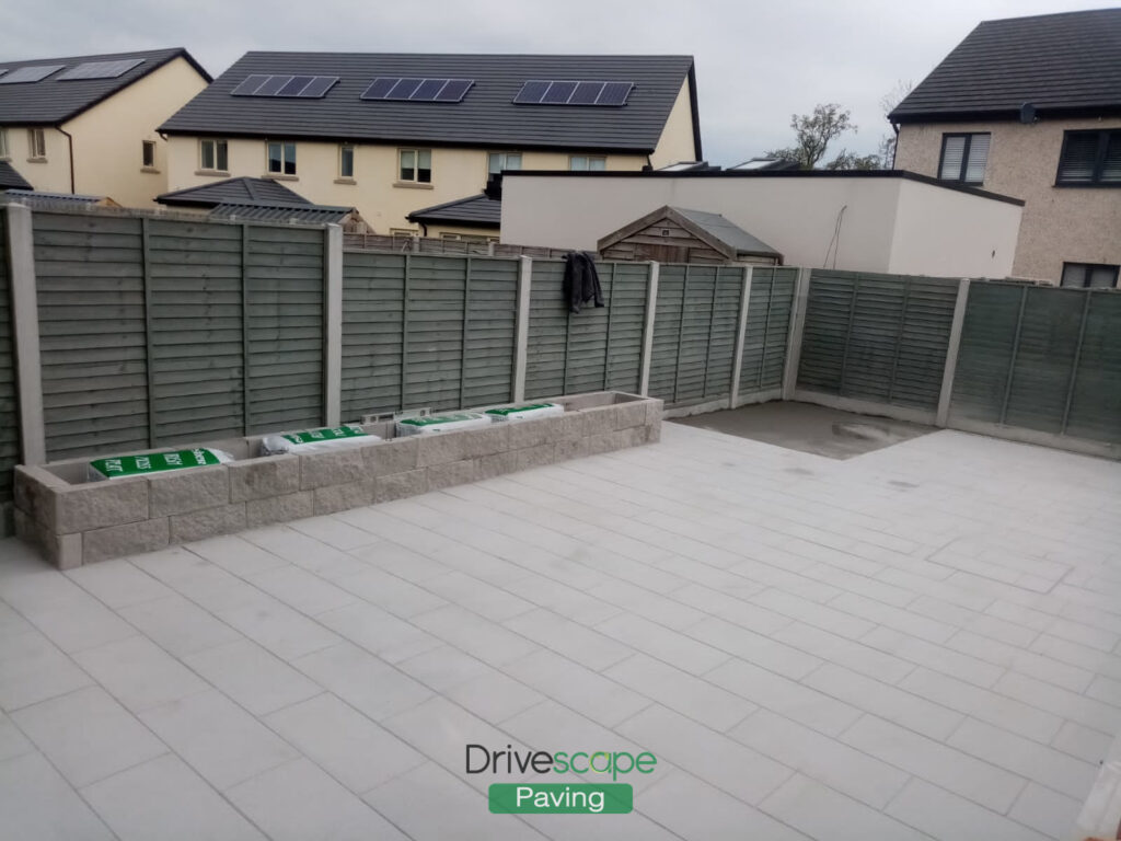 Silver Granite Patio with New Shed Base in Hansfield Wood, Dublin