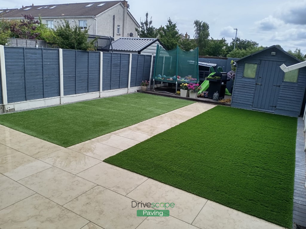 Egyptian Limestone Patio with Artificial Grass in Clonsilla, Dublin