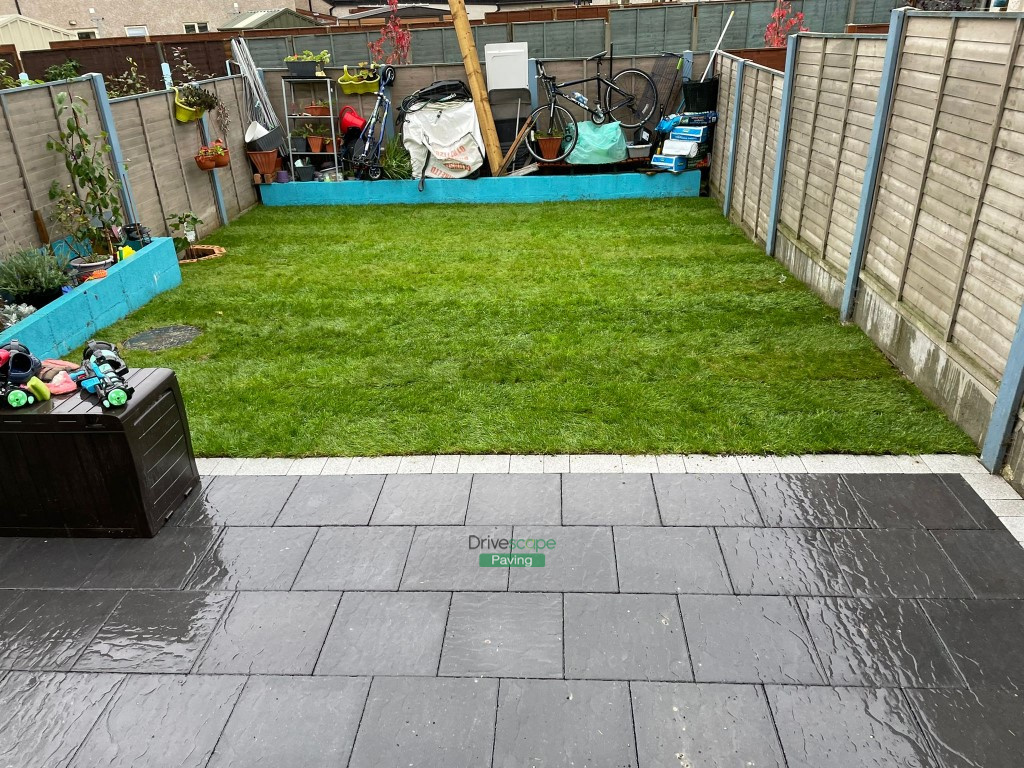 Patio with Charcoal Slabs, Silver Border and Roll-On Turf in Hansfield Wood, Dublin