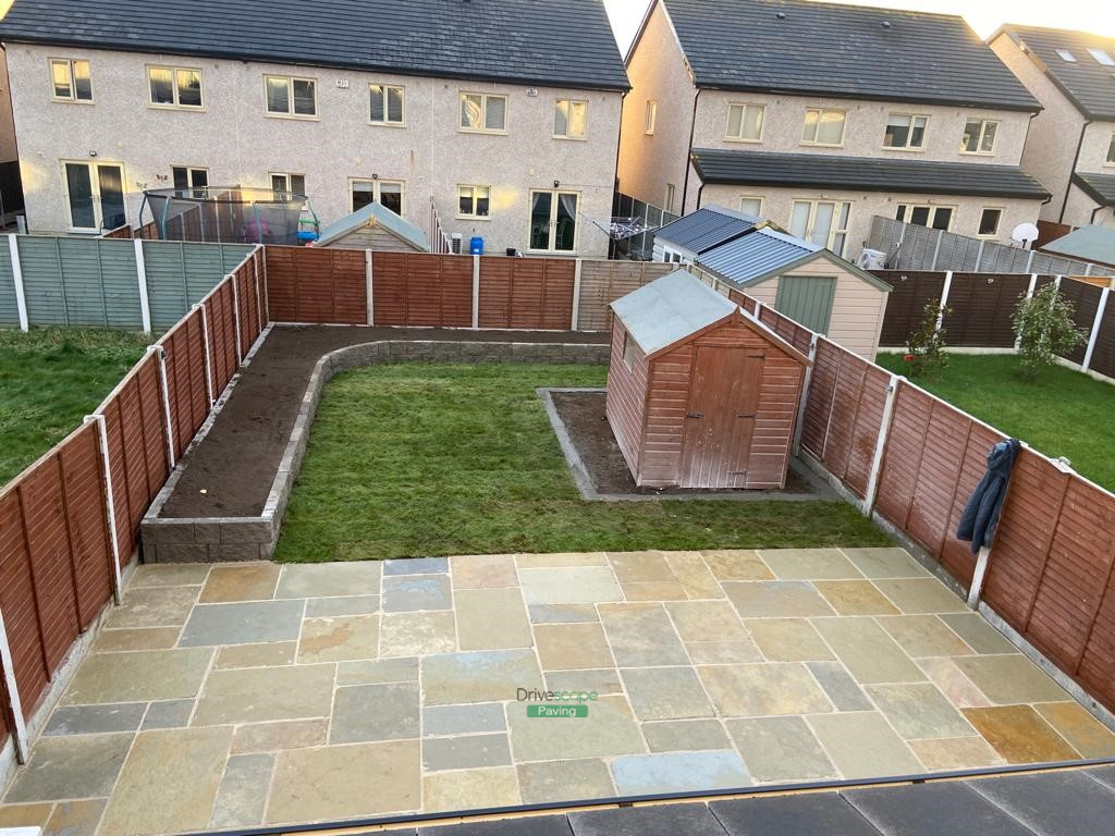 Limestone Patio with Raised Flowerbeds and Greenhouse Base in Hansfield Wood, Dublin