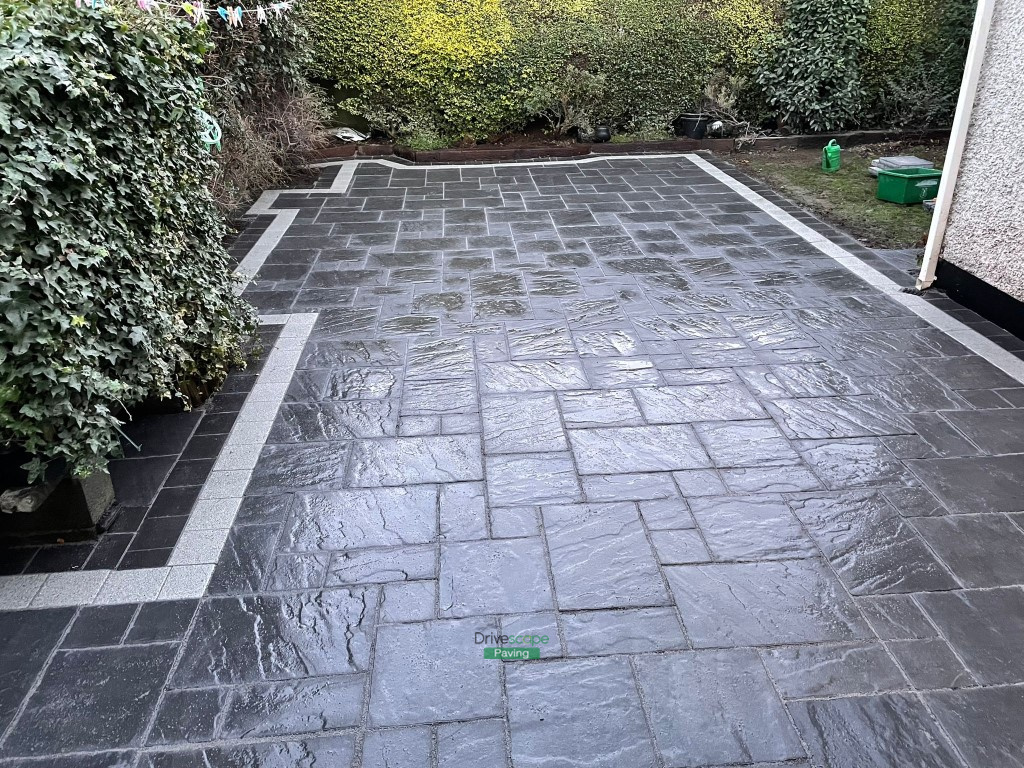 Patio with Charcoal Belvedere Slabs and Two-Toned Borderline in Clonsilla, Dublin