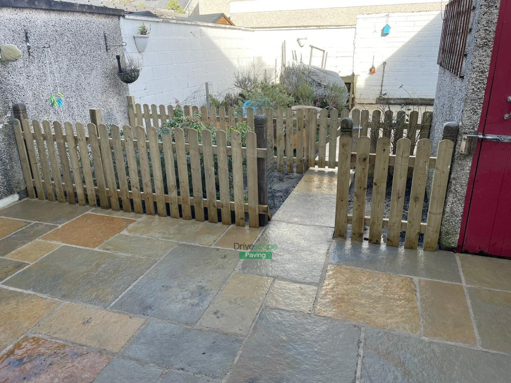 Limestone Slabbed Patio with Picket Fence in Ashtown, Dublin