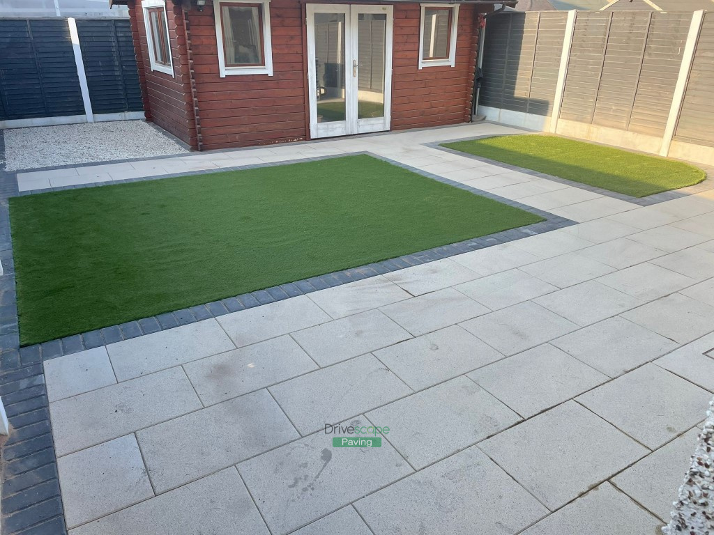 Newgrange Granite Buff Patio with Slane Borderline and Artificial Grass in Hansfield Wood, Dublin