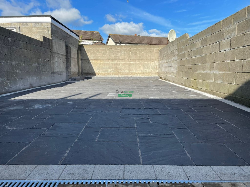 Patio with Charcoal Belvedere Slabs and Silver Corrib Border in Clonsilla, Dublin