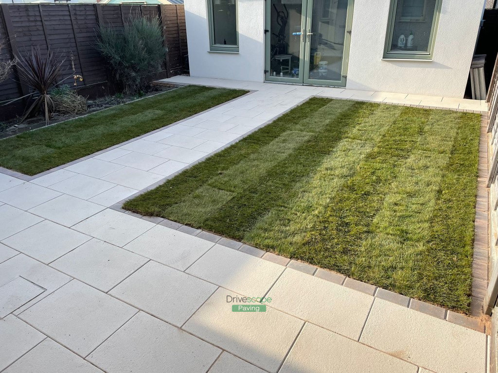 Patio with Quartz Slabs, Rustic Slane Border and Roll-On Turf in Hansfield Wood, Dublin
