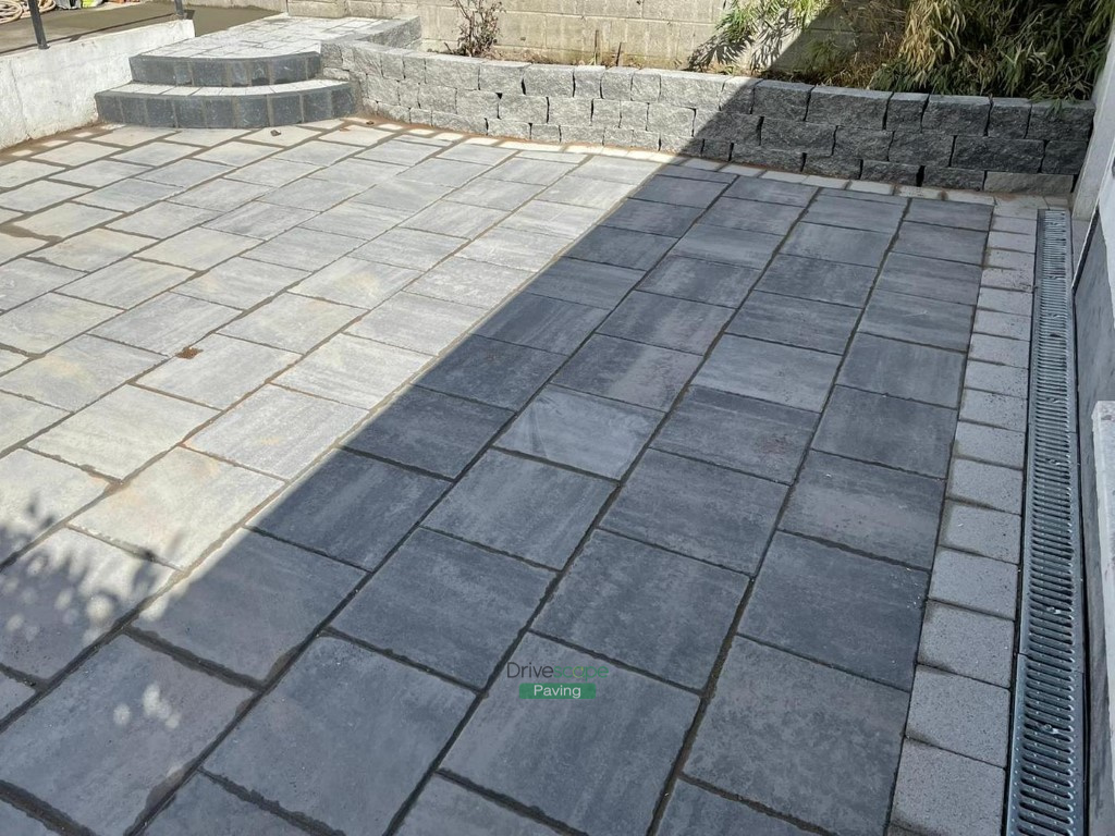 Patio with Silver Granite Slabs and Connemara Walling in Donaghmede, Dublin