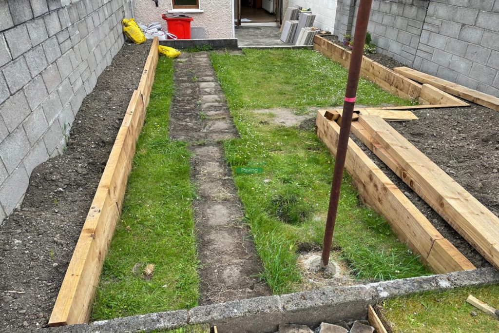 Indian Sandstone Patio with Treated Sleepers in Cabra, Dublin