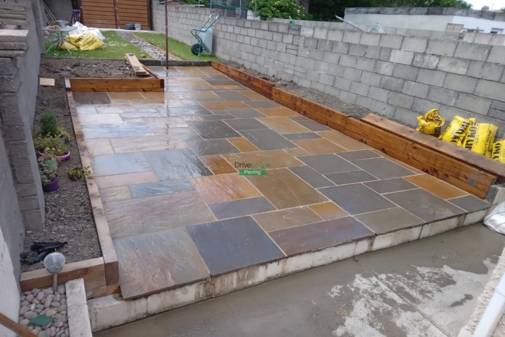 Indian Sandstone Patio with Treated Sleepers in Cabra, Dublin