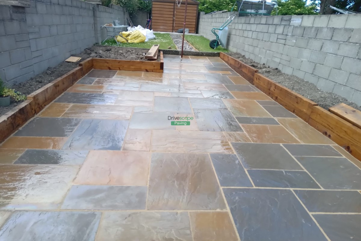 Indian Sandstone Patio with Treated Sleepers in Cabra, Dublin