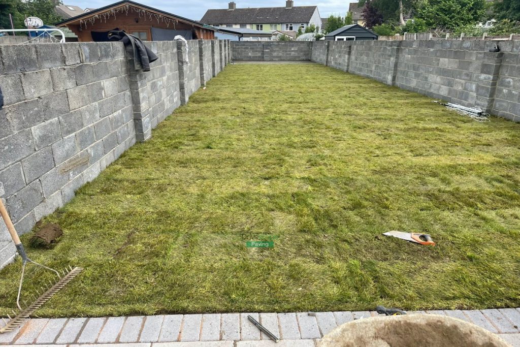 Patio with Classic Flags, Slane Borderline and Roll-On Turf in Ballyfermot, Dublin (6)