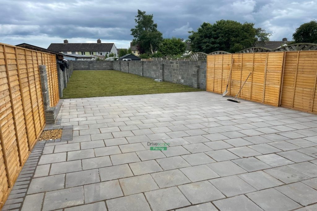 Patio with Classic Flags, Slane Borderline and Roll-On Turf in Ballyfermot, Dublin