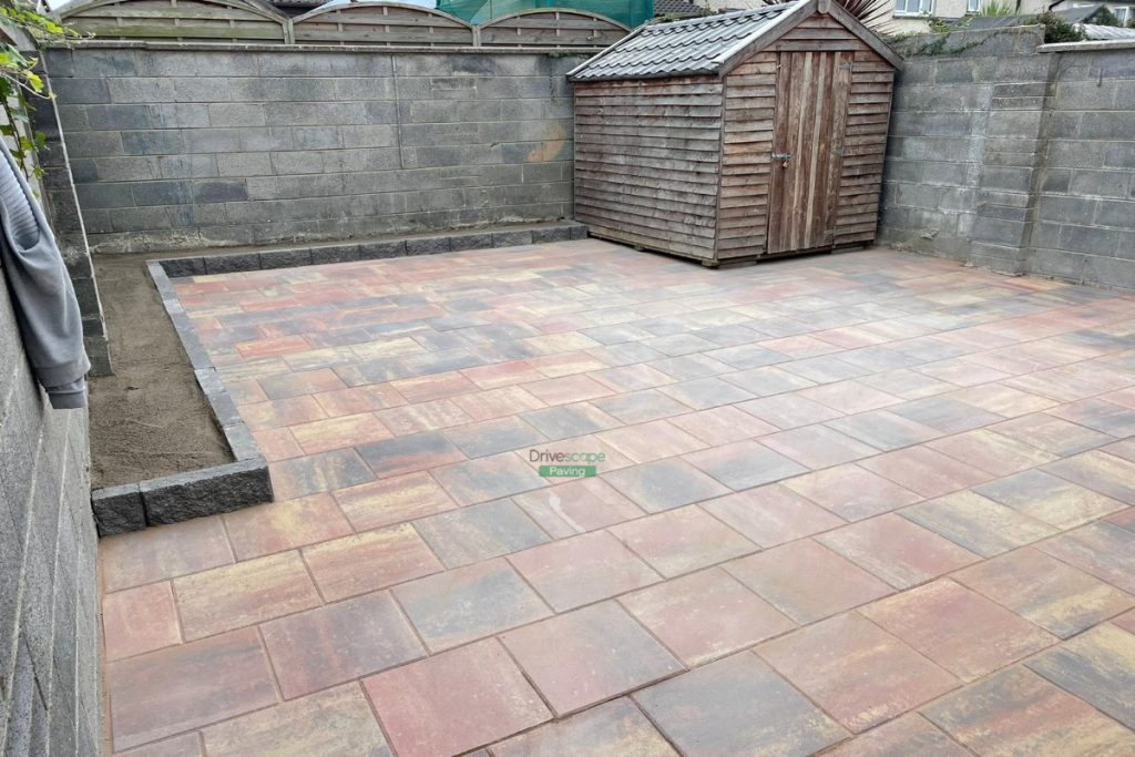 Patio with Classic Rustic Slabs, Flower-Beds and ACO Drains in Lucan, Dublin