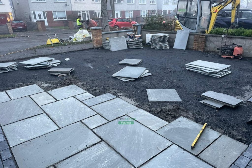 Driveway with Kandla Grey Limestone Slabs and Cobblestone Border in Hartstown, Dublin (3)