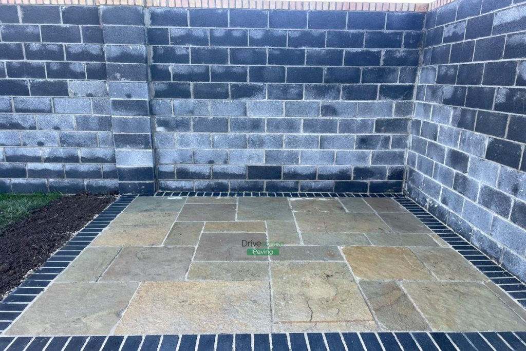 Patio with Tumbled Limestone Slabs and Brick Border in Dunshaughlin, Co. Meath (3)