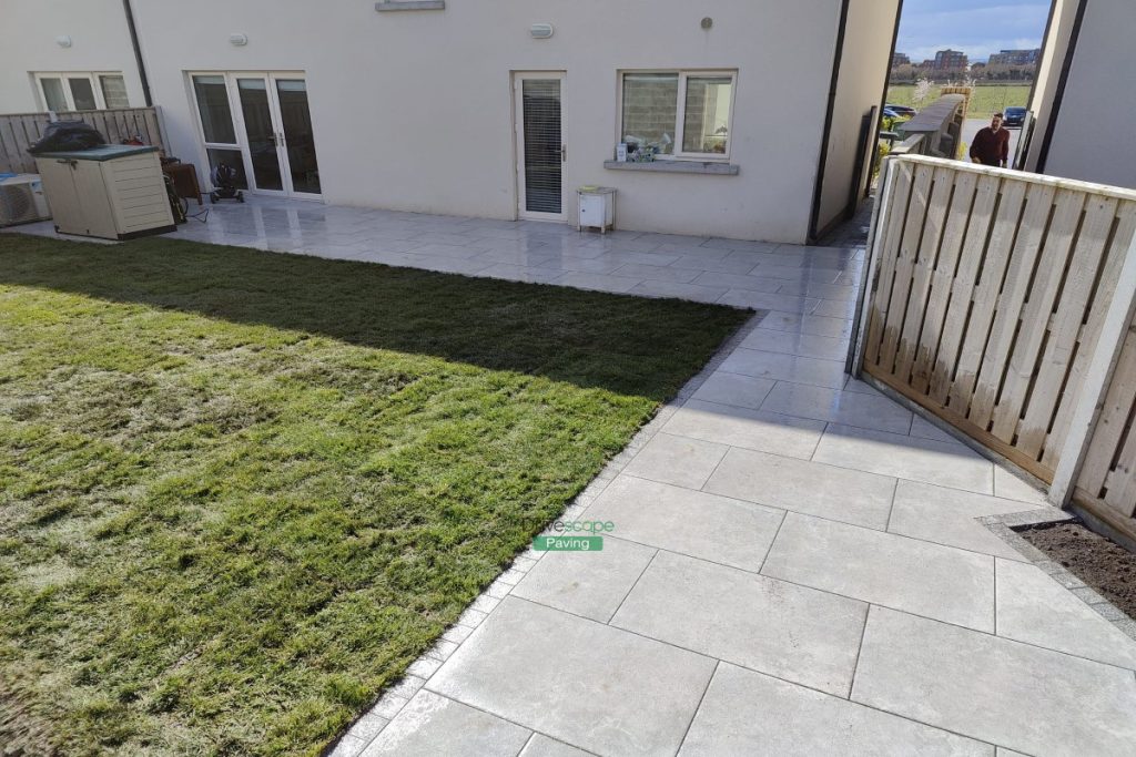 Porcelain Tiled Patio with Granite Cobblestones and Roll-On Turf in Portmarnock, Co. Dublin