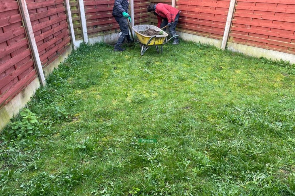 Silver Granite Slabbed Patio with Lismore Kerbing and Concrete Shed Base in Clonee, Co. Dublin (1)