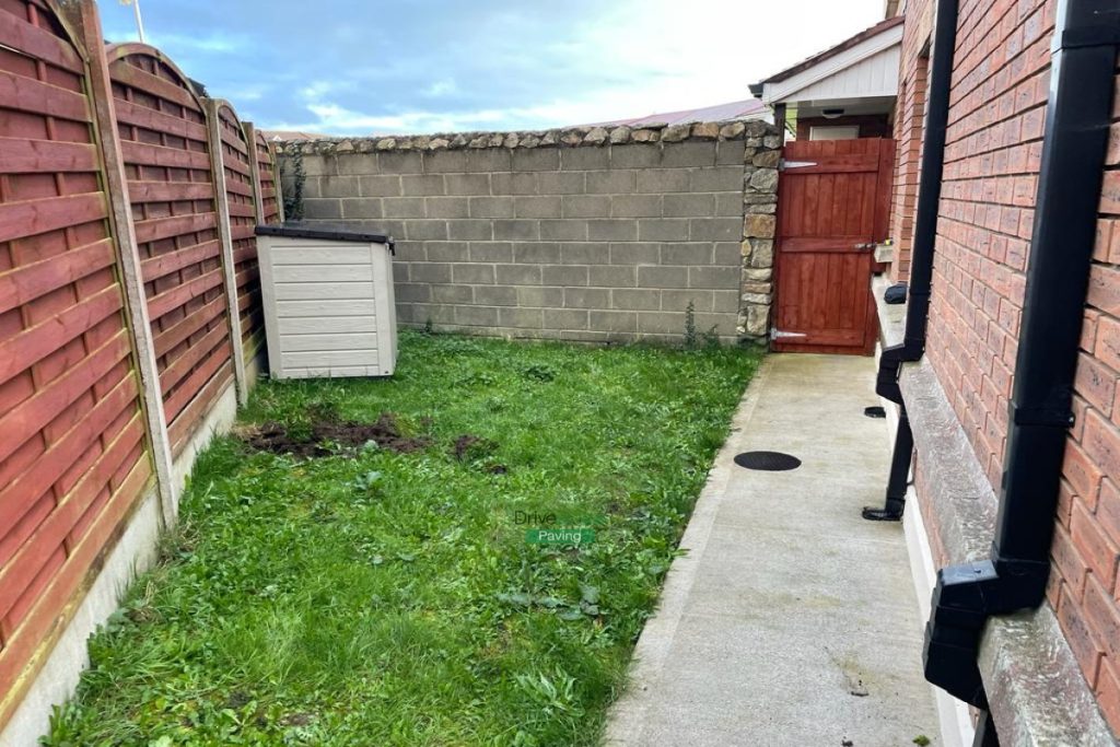 Silver Granite Slabbed Patio with Lismore Kerbing and Concrete Shed Base in Clonee, Co. Dublin (3)