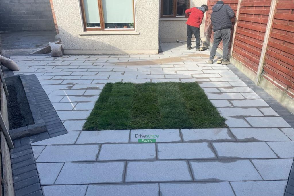 Silver Granite Slabbed Patio with Lismore Kerbing and Concrete Shed Base in Clonee, Co. Dublin (7)