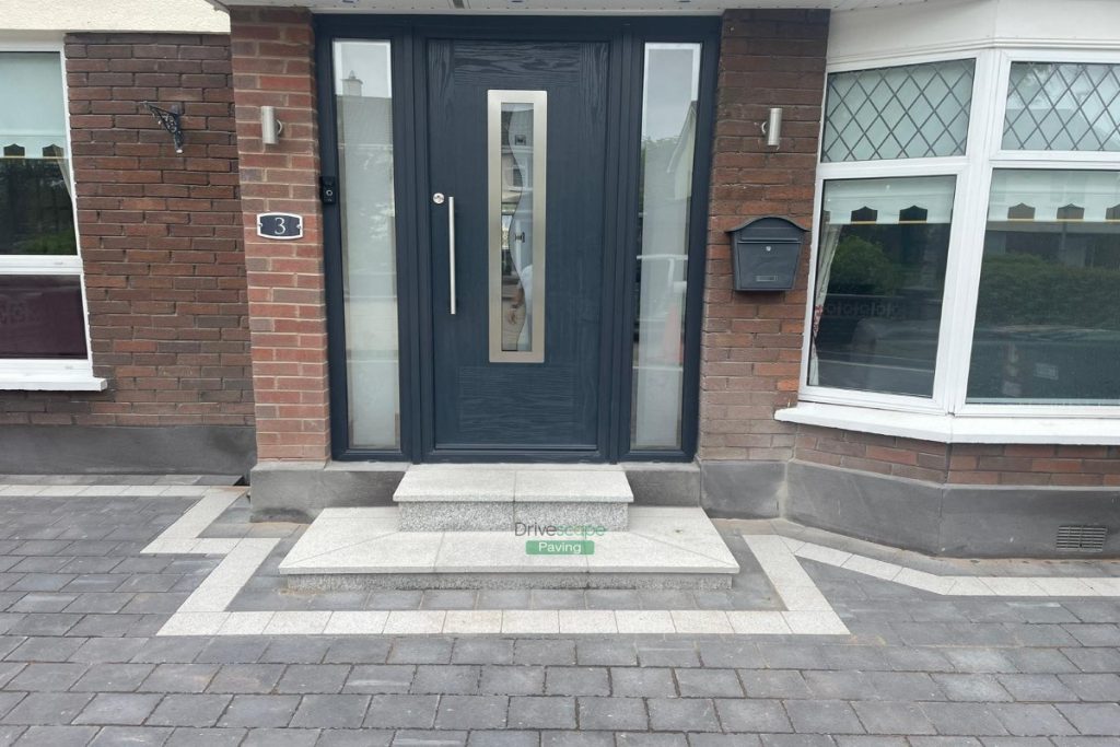 Driveway with Charcoal and Silver Corrib Paving, Granite Step and Flowerbeds in Dublin (2)