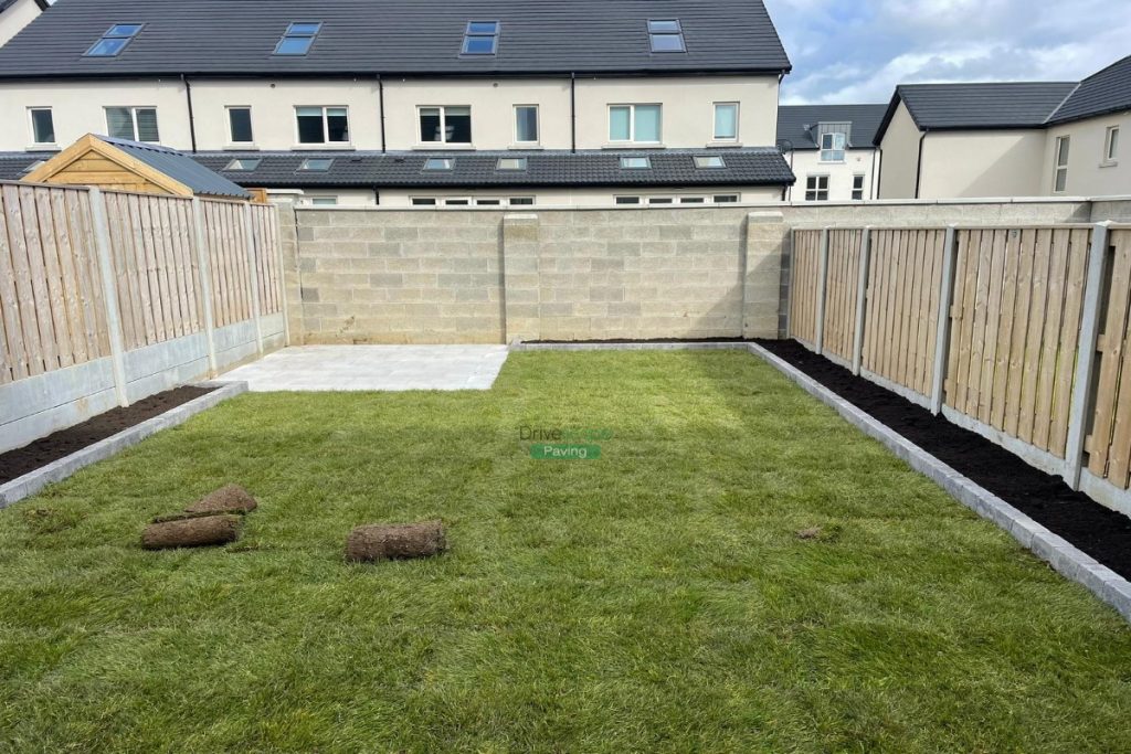 Patio with Newgrange Slabs, Mellifont Kerbing, Stepping Stones and Roll-on Turf in Portmarnock, Co. Dublin (5)