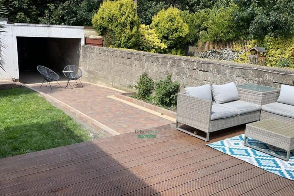 Patio with Rustic Slane Paving and Buff Granite Setts in Cabra, Dublin (4)