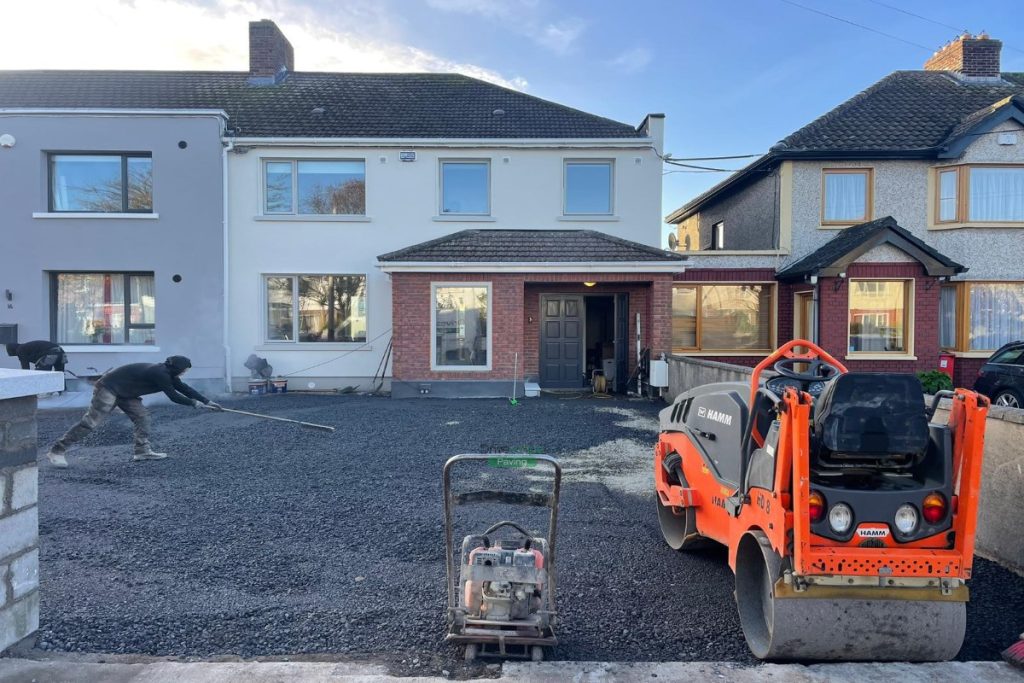 Two Adjacent Driveways with Golden Gravel and Silver Granite Cobblestones in Clontarf, Dublin (10)