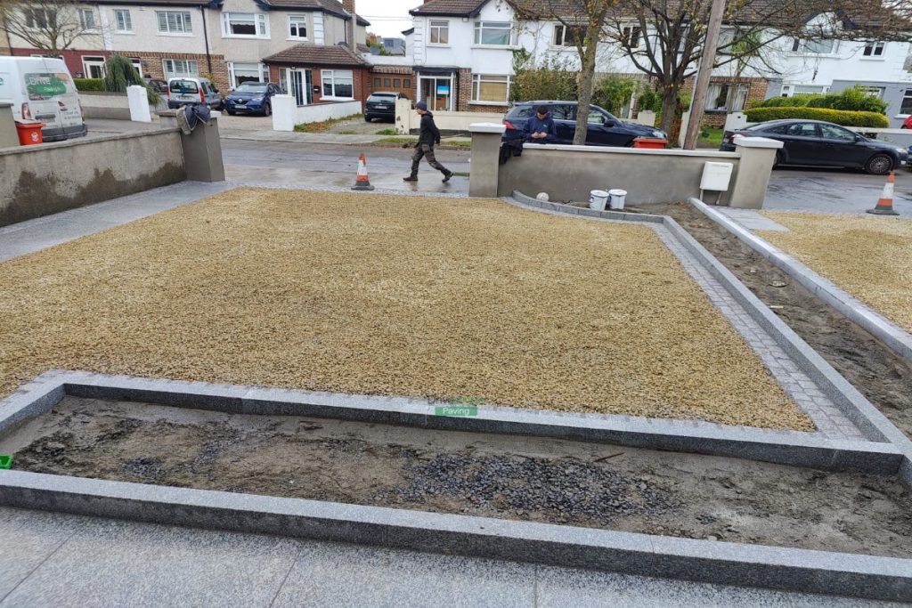 Two Adjacent Driveways with Golden Gravel and Silver Granite Cobblestones in Clontarf, Dublin (13)