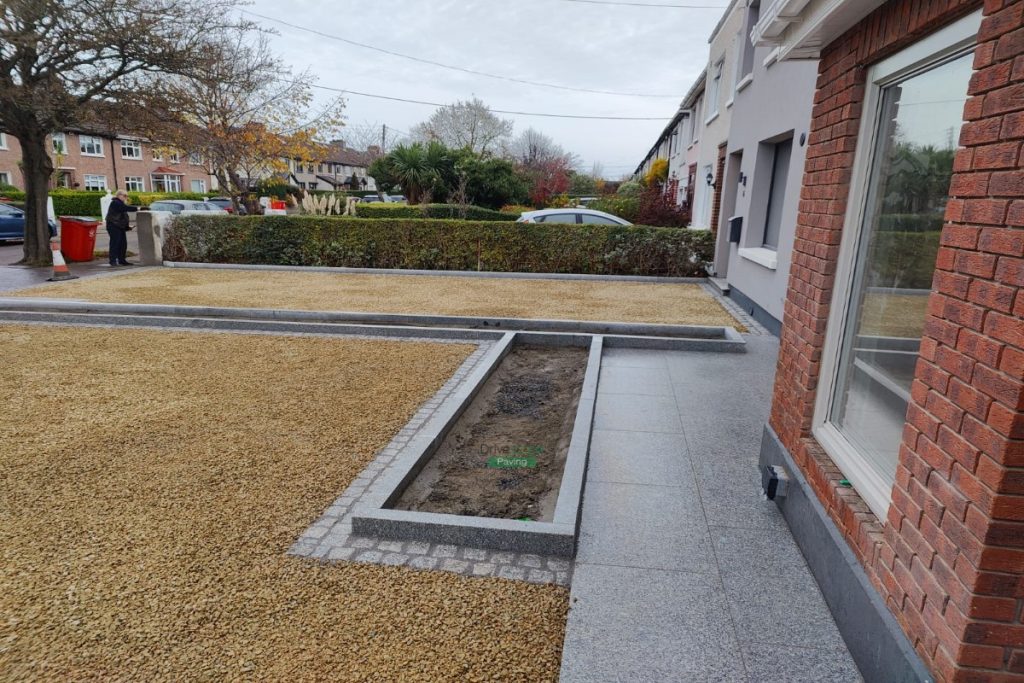 Two Adjacent Driveways with Golden Gravel and Silver Granite Cobblestones in Clontarf, Dublin (16)