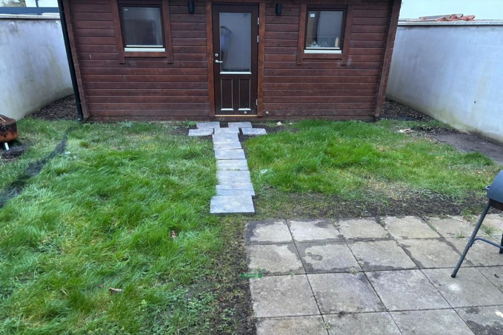 Patio with Oyster Slabs, Charcoal Borderlines and Roll-Out Turf in Portmarnock, Dublin (1)