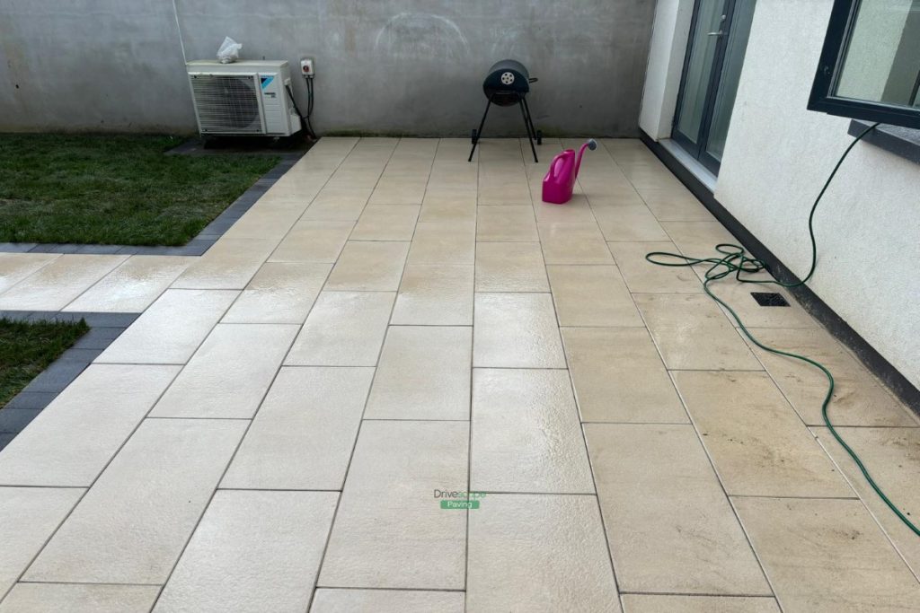 Patio with Oyster Slabs, Charcoal Borderlines and Roll-Out Turf in Portmarnock, Dublin (3)
