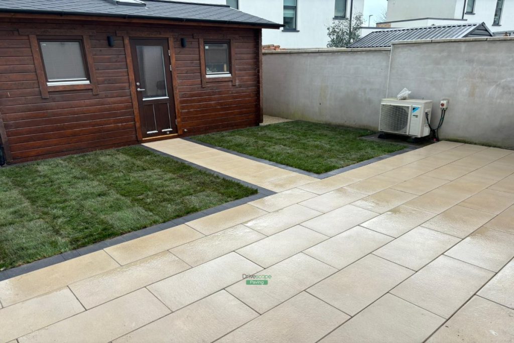 Patio with Oyster Slabs, Charcoal Borderlines and Roll-Out Turf in Portmarnock, Dublin (7)