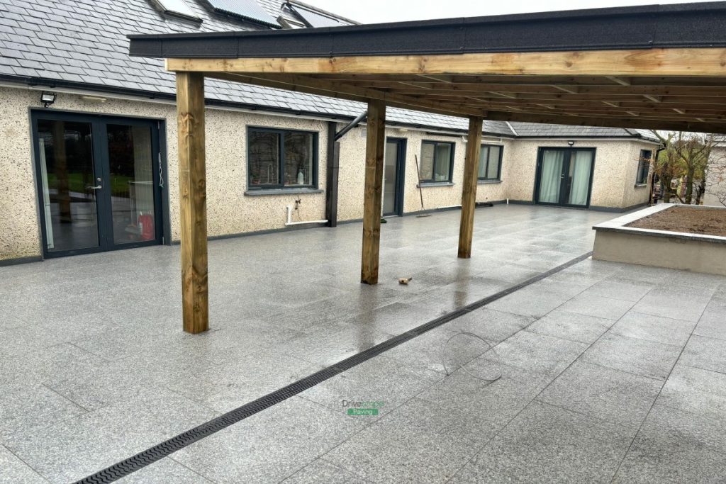 Patio with Gravelled Pathway, Roofed Pergola and Raised Flowerbeds in Balrothery, Co. Dublin