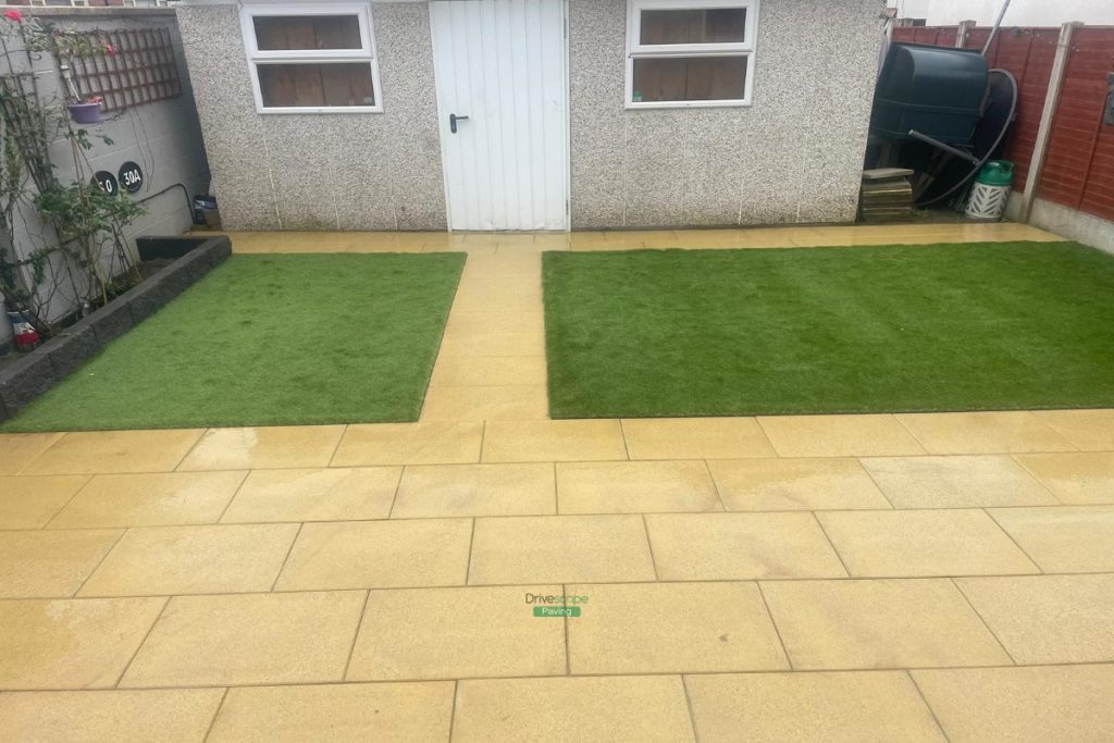 Buff Granite Slabbed Patio with Artificial Grass in Hansfield Wood, Dublin (4)