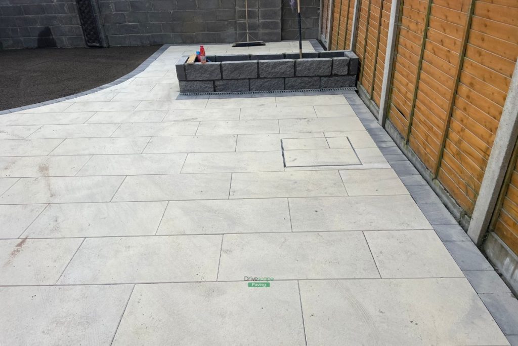Patio with Sorrento Slabs and Charcoal Borderline, Raised Flowerbeds and ACO Drains in Dublin 15 (4)