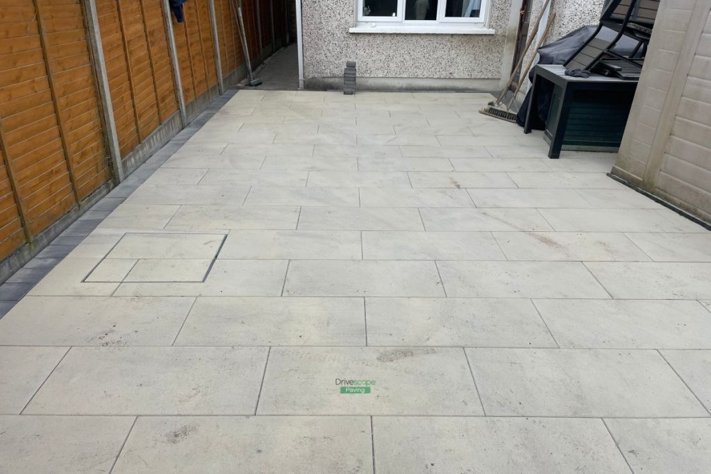 Patio with Sorrento Slabs and Charcoal Borderline, Raised Flowerbeds and ACO Drains in Dublin 15 (5)