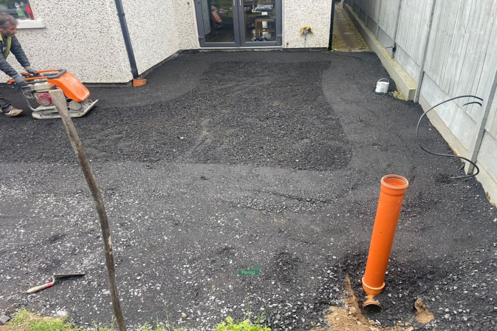 Mint Sandstone Slabbed Patio with Sleepers and ACO Channels in Delgany, Co. Wicklow (1)