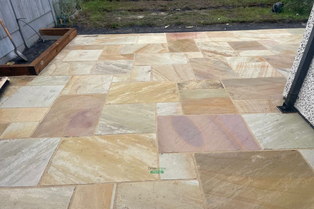 Mint Sandstone Slabbed Patio with Sleepers and ACO Channels in Delgany, Co. Wicklow (11)
