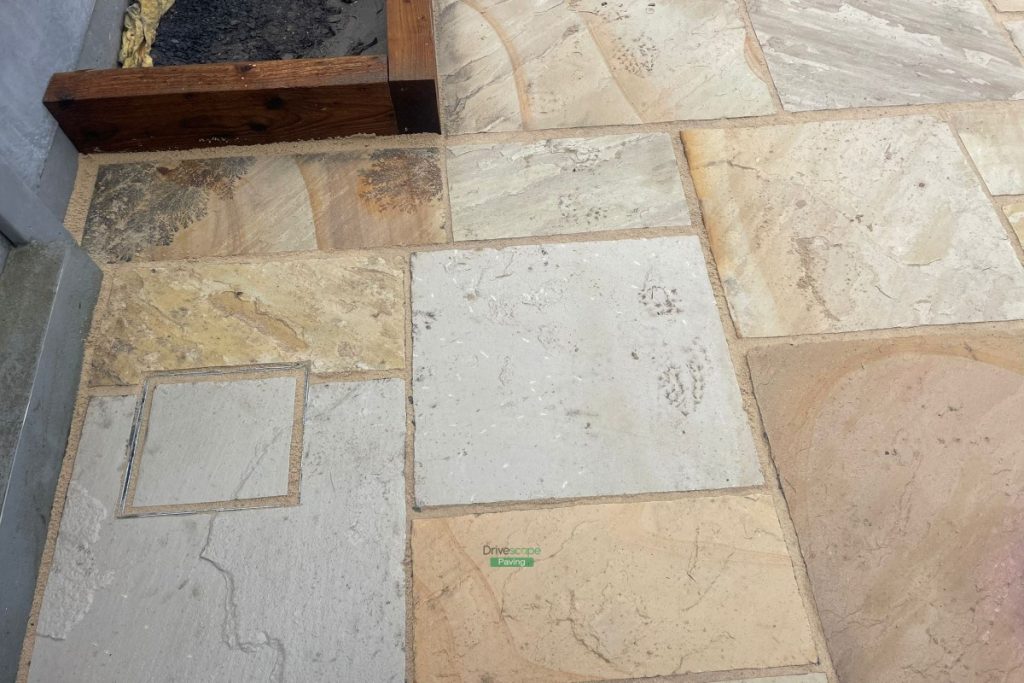 Mint Sandstone Slabbed Patio with Sleepers and ACO Channels in Delgany, Co. Wicklow (13)