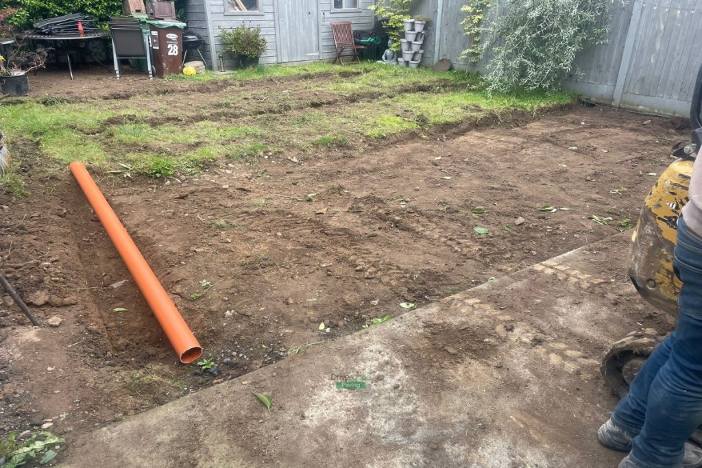 Mint Sandstone Slabbed Patio with Sleepers and ACO Channels in Delgany, Co. Wicklow (4)