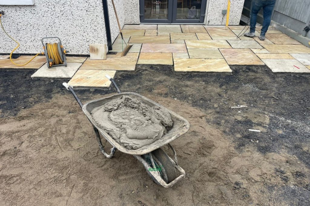 Mint Sandstone Slabbed Patio with Sleepers and ACO Channels in Delgany, Co. Wicklow (5)