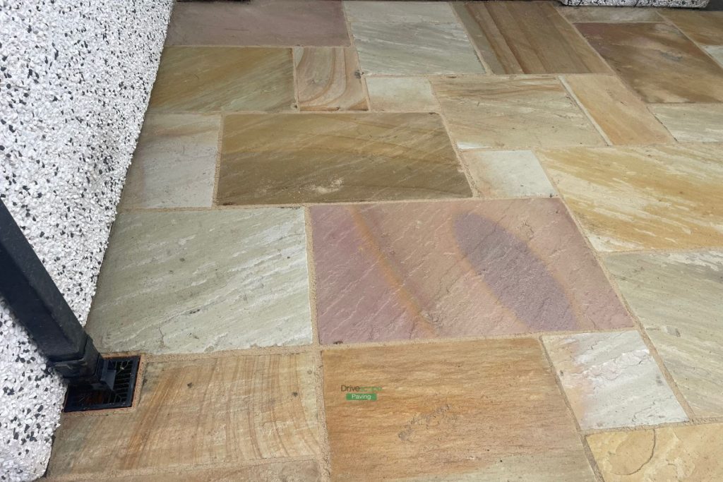 Mint Sandstone Slabbed Patio with Sleepers and ACO Channels in Delgany, Co. Wicklow (9)