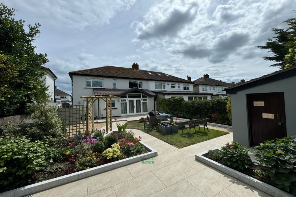 Porcelain Tiled Patio with Garden Archway and Golden Gravel in Sutton, Co. Dublin