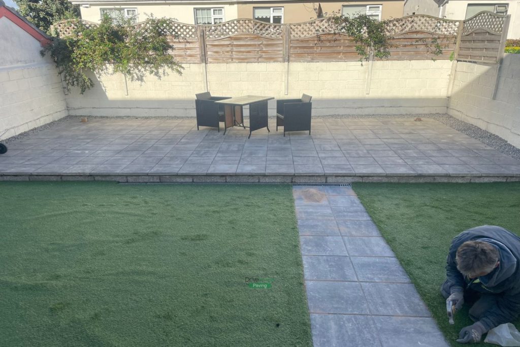 Patio with Silver Granite Slabs and Artificial Grass in Leixlip, Co. Kildare (1)