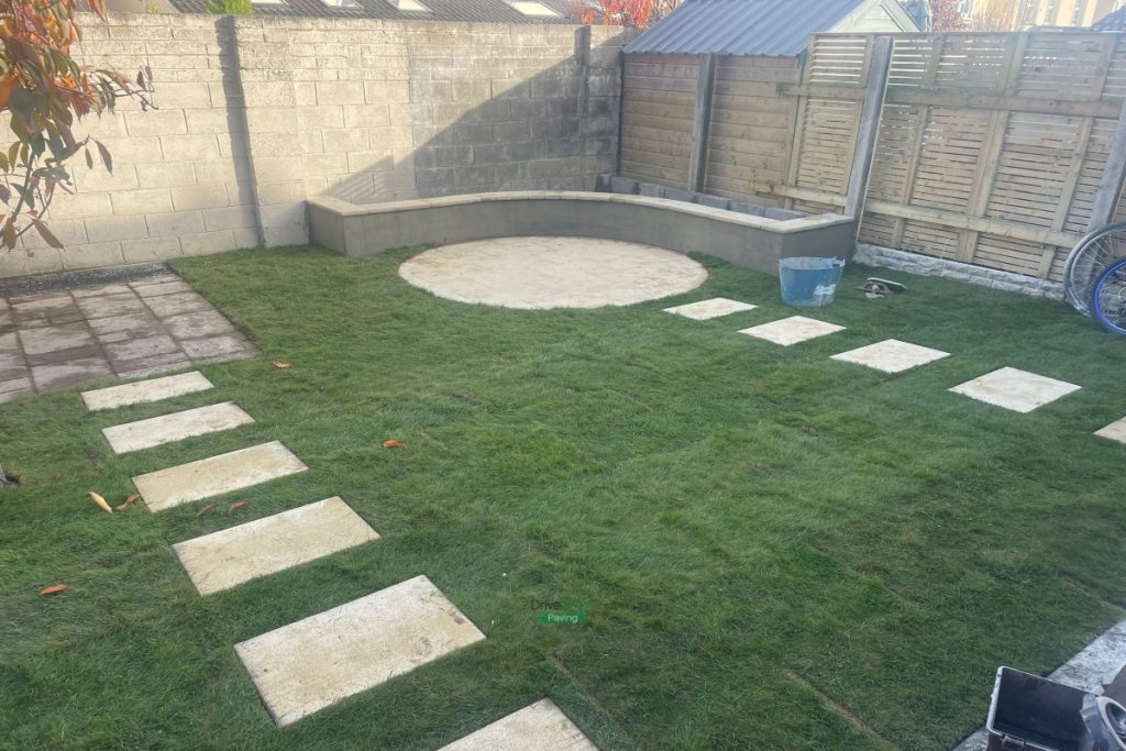 Round Granite Patio with Flowerbed Bench and Roll-On Turf in Blanchardstown, Dublin